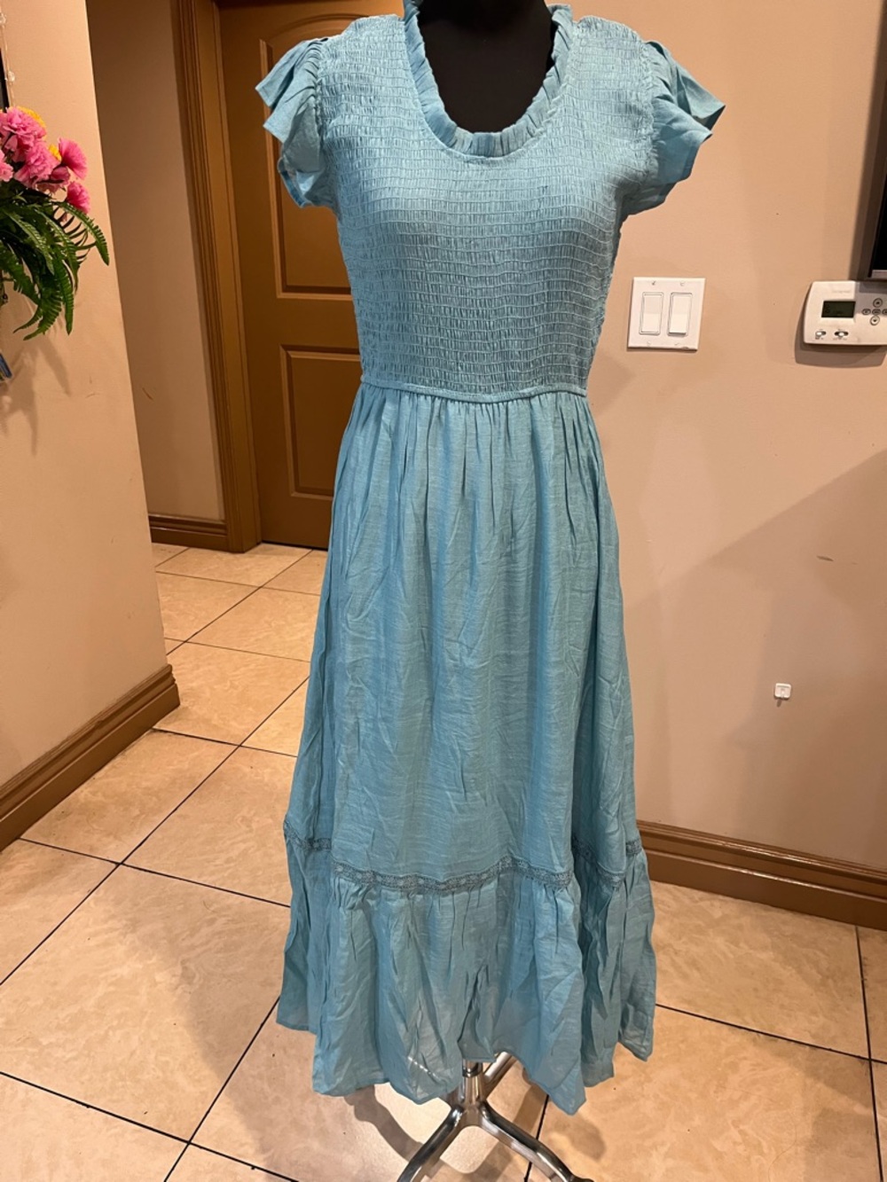 Sky Blue Smocked Maxi Dress with Ruffle Cap Sleeves - Picture 2 of 6